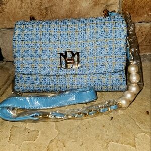 Badgley Mischka Light Blue Tweed crossbody bag.